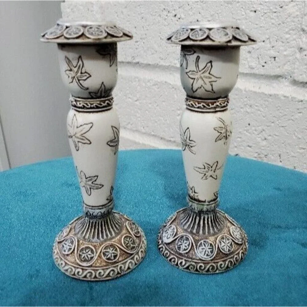 Lot Of 2 Ganz Candlestick Holders Leaves Pattern 5 Inch Cream Ivory Brown BC7875